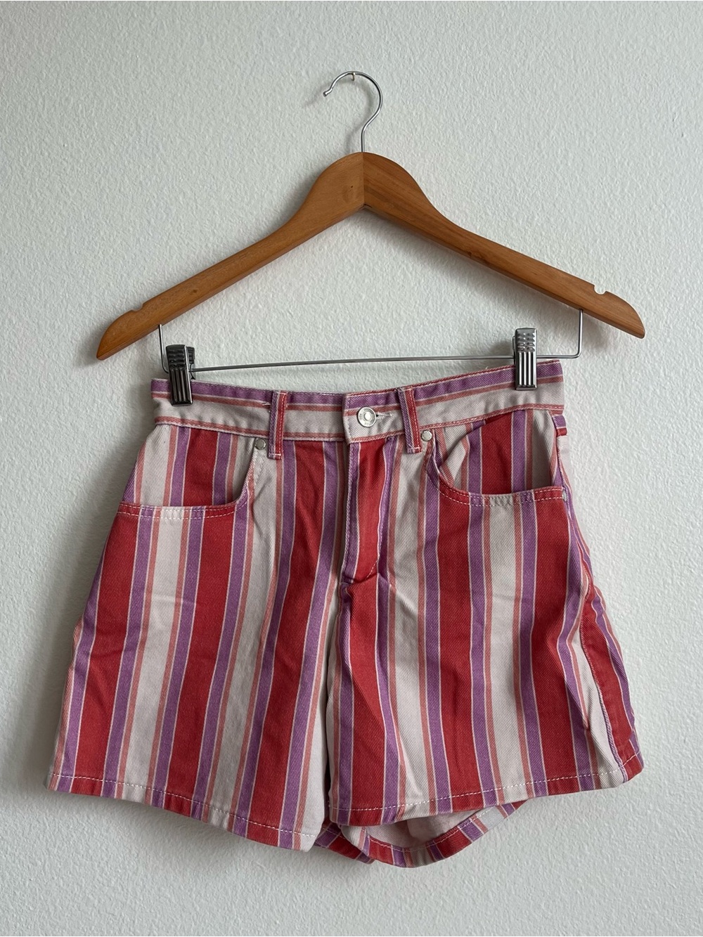Zara High-Waist Striped Shorts in Red, Pink & Purple